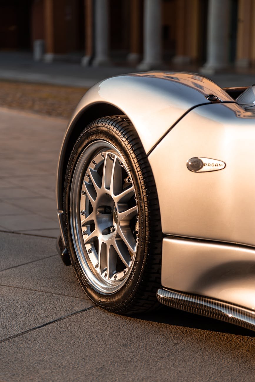 close up of a luxury silver sports car wheel