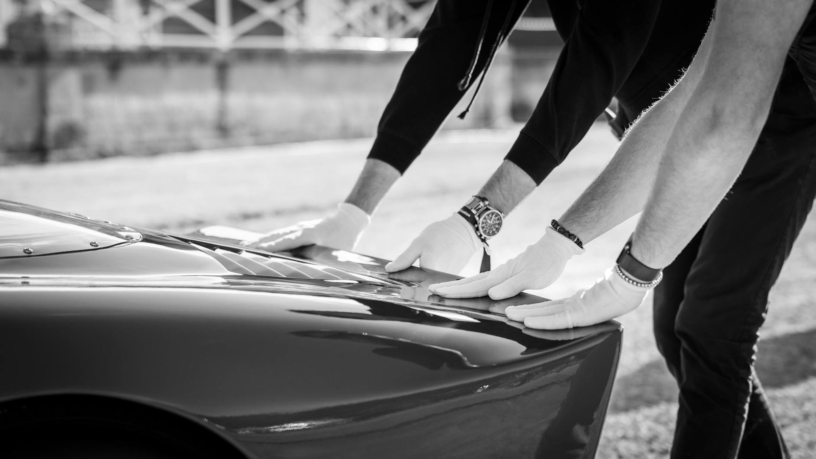 close up of car detailing in black and white
