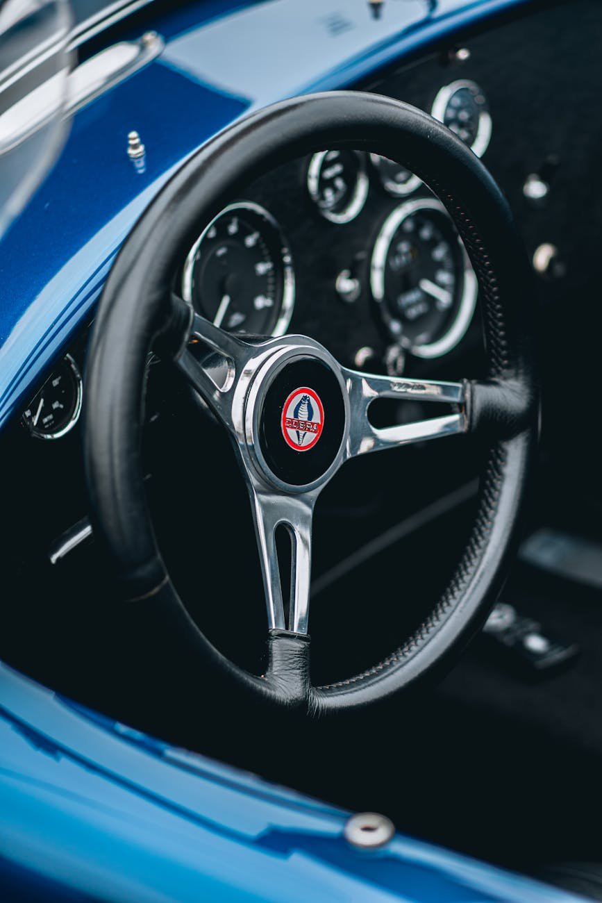 vintage blue car interior with classic dashboard